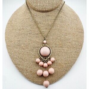 Vintage Pink Dangle Pendant Necklace – Gold Tone Beaded Drop Retro Glam Coquette